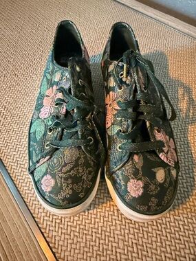 Keds x Rifle Paper CO Dark Green Floral Embroidered Sneakers with Pink Accents